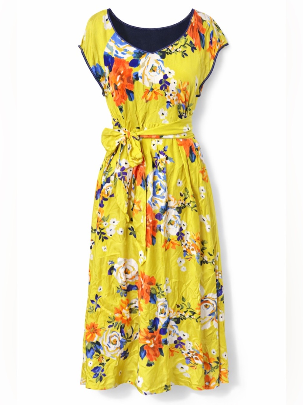 Moulinette Soeurs Silk Floral Midi‎ Dress Yellow Boho Cottagecore Belted- Size 4